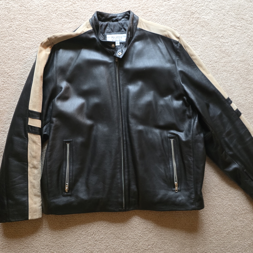 Wilsons Leather Black Leather Bomber Jacket with Tan Contrast Panels